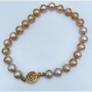 Vintage Circa 1950s Gold-Tone Champagne Faux Pearl Filigree Box Clasp Bracelet